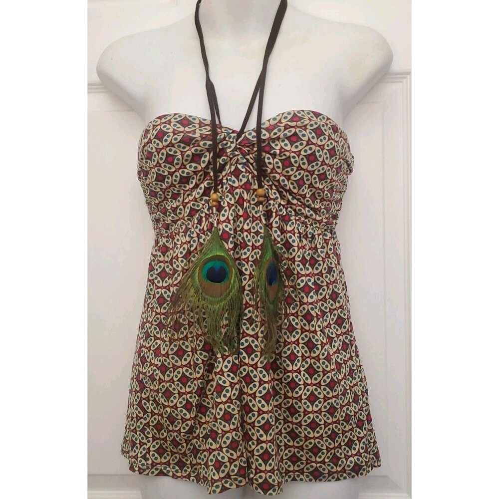 NWT The Limited Peacock Feather Strap Peplum Halter Top Sz Small Tencel Lyocell
